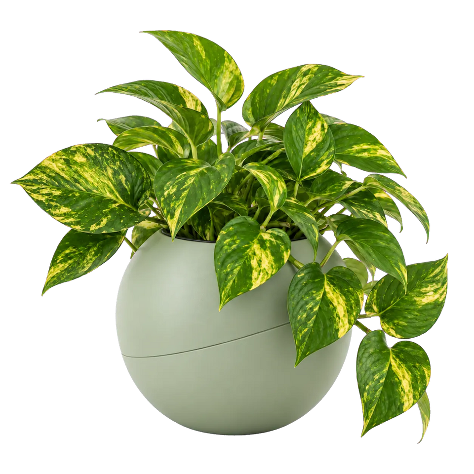 Globee met plant, hangpot van mat lichtgroen kunststof met ronde vorm en weelderige plant met geelgroen gevlekt blad.